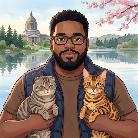 Illustrated portrait of William Wallace holding his two cats