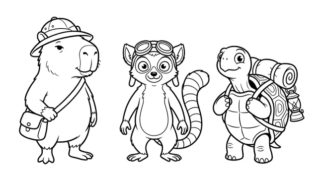 Line art of Pip the capybara, Nim the ring-tailed lemur, and Tuck the tortoise